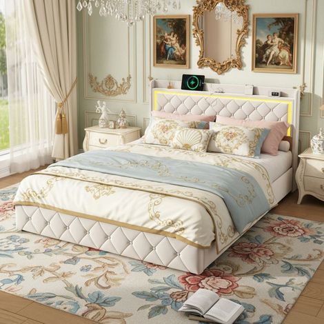 Letto 140x200 - Velluto beige - Rete a doghe - 4 cassetti - Testata LED con USB/Type-C (1/5)