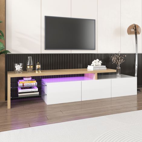 Modern TV stand 197cm LED TV cabinet - Glass display space - 2 drawers - Contemporary Style - White & Natural (1/5)
