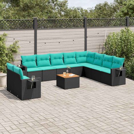 Ensemble de canapé de jardin modulable 11 pcs résine tressée noir et coussins bleus - PANGIVO (1/5)