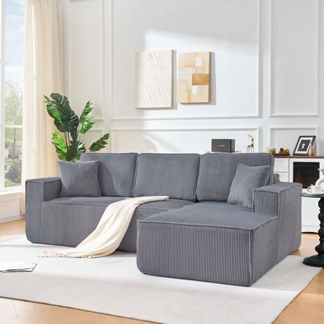 DESMIU Canapé d'angle convertible 2 places avec chaise longue, en velours côtelé, Gris (1/4)