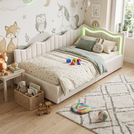 Creahappy Lit Banquette 90x200 cm LED - Gain de Place - Lit Enfant en Velours Beige Style Contemporain - Sommier à Lattes (1/5)