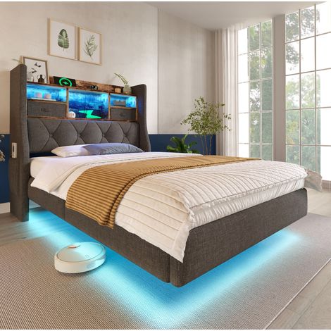 Lit enfant 90x200 cm avec LED, ports USB et Type-C, en lin gris, sans matelas (1/5)