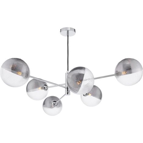 Dar Vignette Suspension Vignette à 6 lumières, chrome poli et verre côtelé fumé/transparent