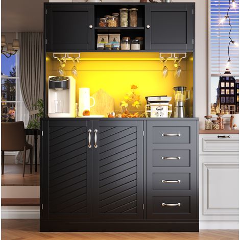 Aparador alto de MDF negro 120x40x188 cm con LED, 4 puertas, 2 cajones y portabotellas (1/5)
