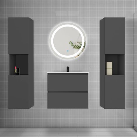 Ensemble meuble vasque L.60cm 2 tiroirs + lavabo + LED miroir rond 60cm + 2colonne,anthracite easy (1/5)