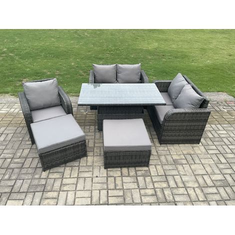 Fimous 7-Sitzer Rattan Möbel Garten Dining Set im Freien Höhenverstellbarer Aufsteigenderr Tisch Liebe Sofa Stuhl mit 2 großen Fußhocker (1/5)
