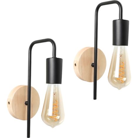 Pack de 2 appliques murales avec base en bois et métal noir, nordique ,E27