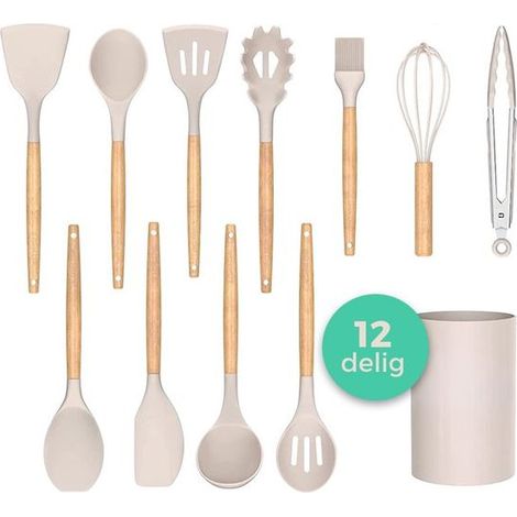 Ustensiles De Cuisine En Silicone - Manches En Bois - Résistant Jusqu'à 230 °C - Pour Poêles Antiadhésives - Set De 12 Pièces (1/2)