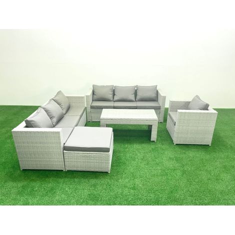Fimous Wicker PE Rattan Sofa Garden Furniture Set with Oblong Coffee Table Armchair Big Footstool Light Grey Mixed (1/5)