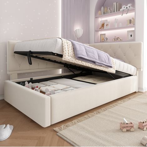 Lit banquette moderne 90x200 cm en velours beige, avec tête de lit réversible, coffre hydraulique et sommier à lattes (1/5)