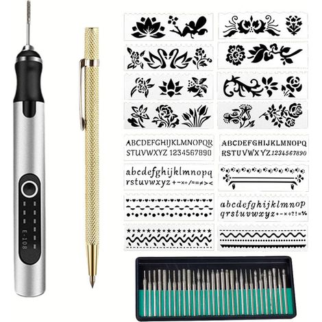Stylo graveur électrique, 3 vitesses réglables, outil de gravure sans fil rechargeable, ensemble de 48 pièces (argent) (1/5)