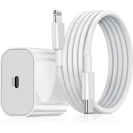 Chargeur rapide pour iPhone 20 W, chargeur mural avec câble USB-C vers Lightning de 1,8 m et adaptateur de charge USB-C sous forme de cube. (1/5)