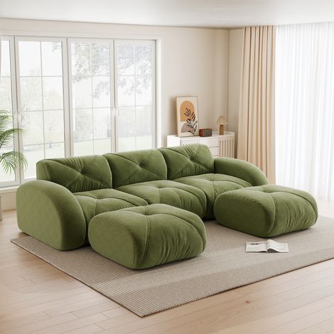 Modulsofa 3-Sitzer Chenille Grün, rahmenlos, mit 2 Hockern, flexibel stellbar