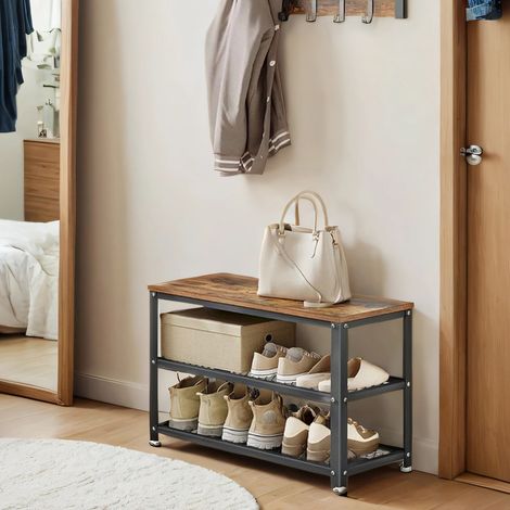 Banc à Chaussures sur 2 Nniveaux, 30 x 73 x 45 cm, pour Entrée, Salon, Cadre en Acier, Style Industriel, Marron Rustique et Noir (1/5)