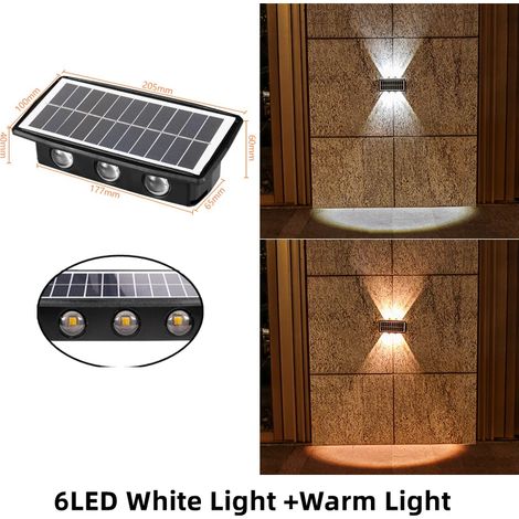 (Lot de 2 lampes solaires LED bicolores à 6 LED) Lampe murale solaire LED extérieure étanche, éclairage lumineux vers le haut et vers le bas, compatible avec mur, porche, balcon, jardin ou rue. (1/5)