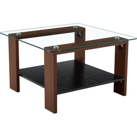 Mesa de centro moderna con almacenaje, cristal templado y patas efecto nogal, 65x41x45,5 cm (1/5)