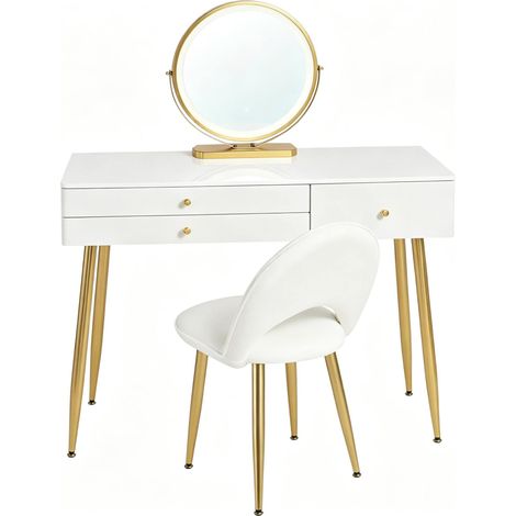 Bureau coiffeuse avec miroir LED et 3 tiroirs, table de travail avec chaise blanche et dorée (1/5)