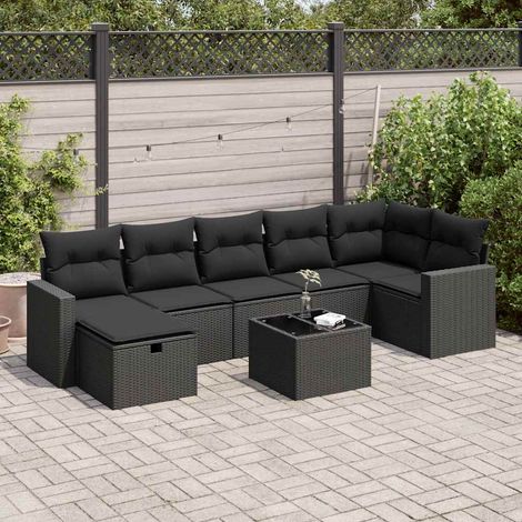 vidaXL Set de sofás de jardín y cojines 8 piezas ratán sintético negro (1/5)