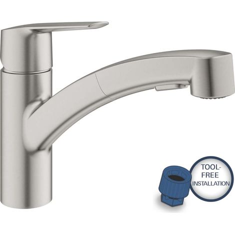 Grohe Start Einhand-Spültischbatterie 1/2", niedriger Auslauf mit herausziehbarer Dual-Brause, QuickFix, Supersteel, 30531DC1