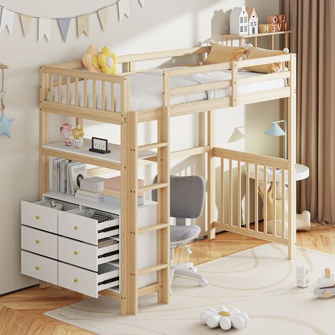 Cama altillo con escritorio, cama altillo de 90x200 cm con 6 cajones y estantes, estructura de madera de pino, natural y blanco (1/5)