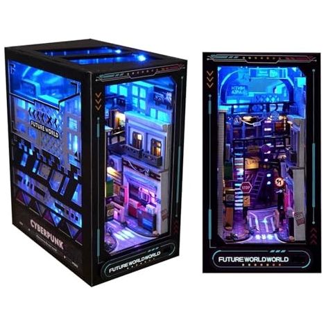 3D Book Nook Kit pour Adultes, Serre-Livres Puzzle en Bois Cyberpunk avec Capteur de Lumière, DIY Décor D'insertion de Bibliothèque Modèle, Cadeaux Spéciaux pour Les Adolescents (1/4)