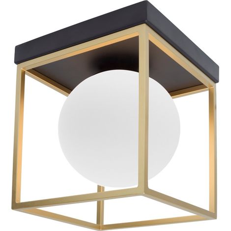 Merano Dawson Plafonnier Globe Laiton, Métal Noir Verre Opalin Blanc LED E14