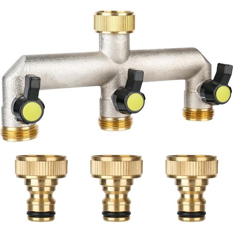 3-Wege-Wasserverteiler für Wasserhahn – 3/4"-Adapter – 3 Auslässe – aus Messing – 1/2"-Adapter mit Kugelventil zur Regulierung und Absperrung des Wasserdurchflusses (1/5)