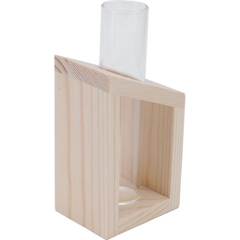 Vase tubulaire en verre pour plantes hydroponiques avec support en bois