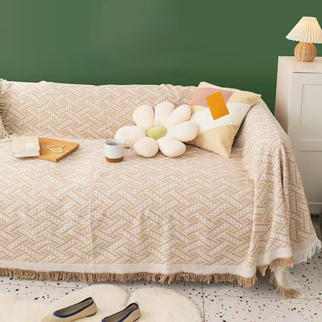 Plaid de canapé, grande couverture douillette pour canapé 3 places, plaid polyvalent avec pompons décoratifs (1/5)