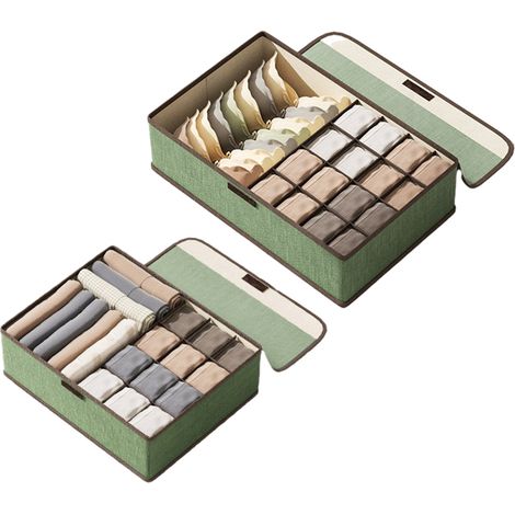 Lot de 2 organisateurs de rangement pour sous-vêtements et chaussettes avec couvercles, pliables, pour tiroir de placard, 30 compartiments, boîte de rangement pour cravates, foulards et lingerie, vert (1/5)