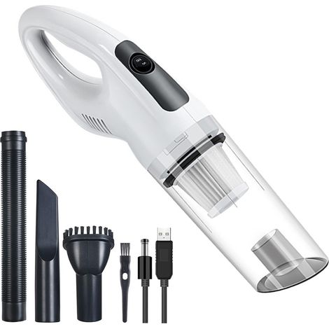 Aspirateur à main portable sans fil avec batterie lithium-ion rechargeable pour voiture et secteur, idéal pour le nettoyage de meubles et tapis, même humides ou secs. (1/4)