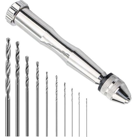 Lntyq 1 Pieces Perceuse à Main,Perceuse Manuelle avec 10 Twist Drill Bits 0.8-3.0mm,Mini Perceuse pour Bijoux,Mini Perceuse Modelisme,pour Outils de Perçage Modélisme Bricolage(Argenté) (1/5)