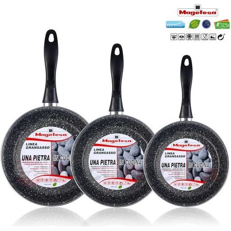 Magefesa K2 Gransasso Set Juego 3 Sartenes 20-24-28 cm, Inducción, Antiadherente PIEDRA Libre PFOA Gris