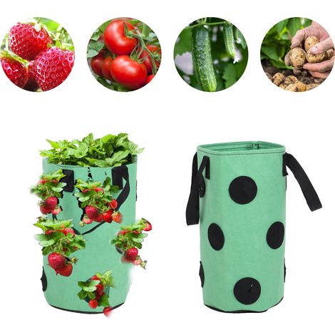 Sac de plantation en feutre pour fraises, 12 trous avec anses, portable et réutilisable - 20x35cm vert, pour jardin, balcon et plantes (1/5)