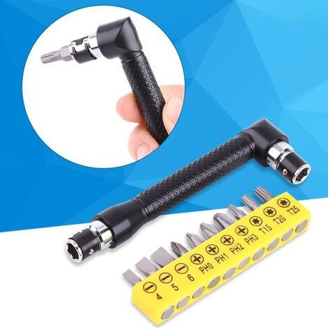 Tournevis Angle Droit, Tourne Vis Courbe, Clé en Forme de L, avec 10 Embouts (1/4)