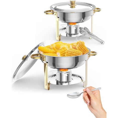 Ensemble Chauffe-Plats En Acier Inoxydable De 5 Litres, Quatre Pièces, Avec Couvercle Et Support De Couvercle, Comprenant Une Cuillère Et Une Pince(Plaquage Or)