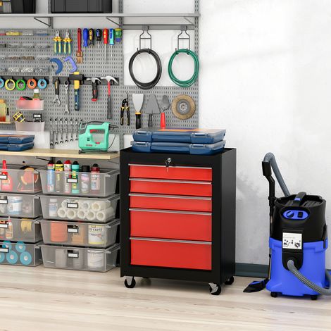 Carro de herramientas con ruedas, carro de taller de acero con 5 cajones con cerradura y 2 llaves, 61,5 x 33 x 82,5 cm, rojo. (1/5)