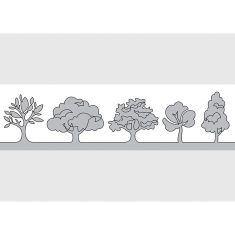 Frise auto-collante 5 arbres dessinés en gris sur fond blanc