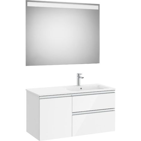 Pack meuble "The Gap" 1000 - 2 tiroirs + 1 porte + lavabo à droite slim + miroir LED - blanc brillant/poignées alu brillantes - Roca (1/2)