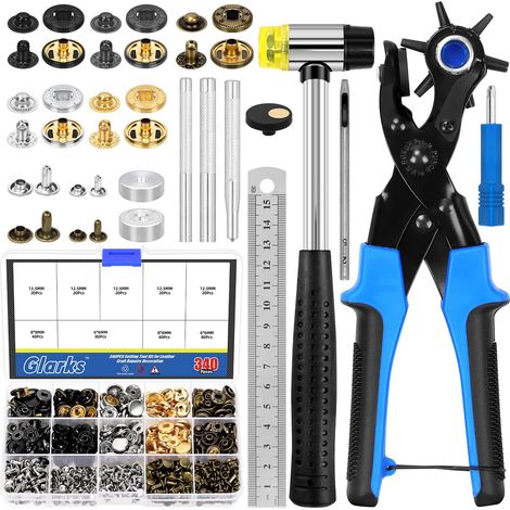 350 pièces Kit d'outils de perforation du cuir, perforateur de ceinture réglable avec 240 rivets en cuir, 100 boutons pression en cuirs et marteau en caoutchouc, poseur de rivets pour cuirs (1/5)