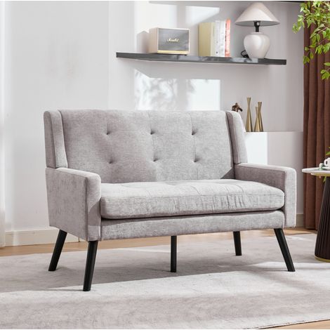 2-Sitzer-Sitzbank 120x45x48 cm Hellgrau in Leinen mit Massivholzbeinen und Knopfheftung (1/5)
