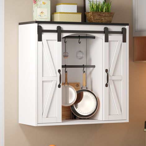 Mobile da cucina pensile a 2 porte scorrevoli, ripiani regolabili, 80 x 31 x 76 cm, bianco DESVIAE (1/5)