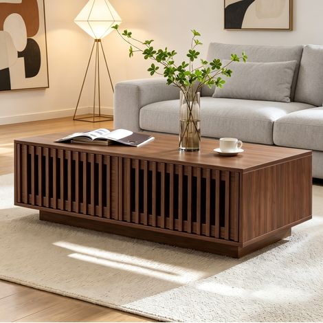 Mesa de centro rectangular de MDF, 100 x 50 x 35 cm, color nogal, con 2 puertas de rejilla (1/5)
