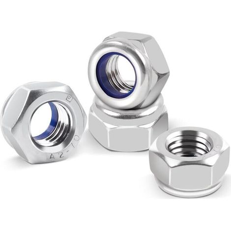 Écrous M6 en acier inoxydable, lot de 50 écrous autobloquants Nylstop M6 en acier inoxydable, A2 V2A (DIN 986 / ISO 106110), écrous hexagonaux en nylon, filetage métrique standard (1/4)