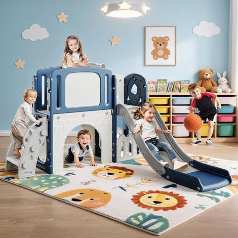 Toboggan 8 en 1 bleu pour enfant intérieur extérieur, panier de basket, télescopique, tunnel, rangement, cheval à bascule, mur d’escalade, marches avec main courante (1/5)