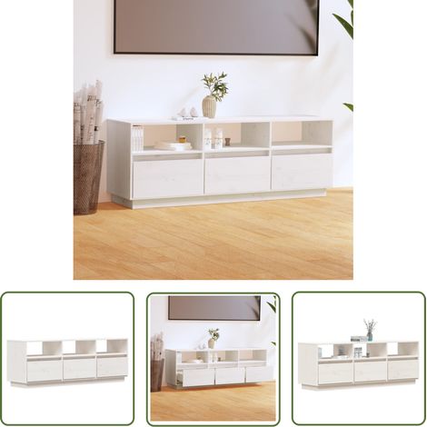 The Living Store Meuble TV Blanc 140x37x50 cm Bois de pin massif - Meuble Tv - Meuble Bas - Meuble Audio - Rangement Tv - Bois De Pin (1/5)