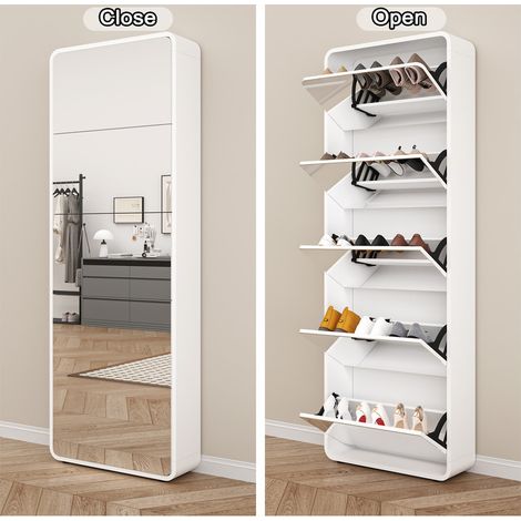 Armoire à chaussures moderne en miroir avec 5 tiroirs pivotants, rangement de chaussures en miroir, rangement de chaussures basculant autoportant pour l'entrée, 63 x 19,6 x 176,5 cm (1/4)