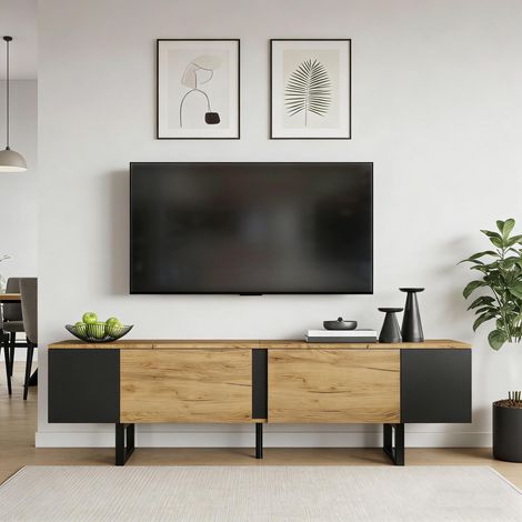 Meuble TV 180 x 40 x 55 cm, meuble TV bas, console TV avec 2 placards et espaces de rangement ouverts de chaque côté, table TV, support TV, meuble de salon, compatible avec les téléviseurs jusqu'à 75 