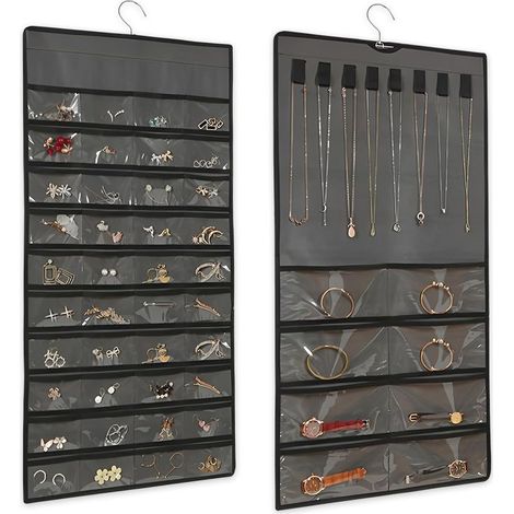 48 Compartiments Organisateur de Bijoux 43 X 78 CM,Rangement Bijoux Porte à Suspendre avec Crochet,Support Boucle D'Oreille Murale,Hanging Jewelry Organizer pour Bracelet, Bague, Collier-Gris (1/5)