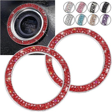 2 piezas de anillos brillantes para botón de arranque del motor del coche, emblema adhesivo, accesorios de decoración para coche con diamantes de imitación rojos para mujeres y niñas de 1.2 pulgadas (1/4)